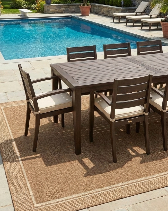 Outdoor patio set with table and chairs by a pool