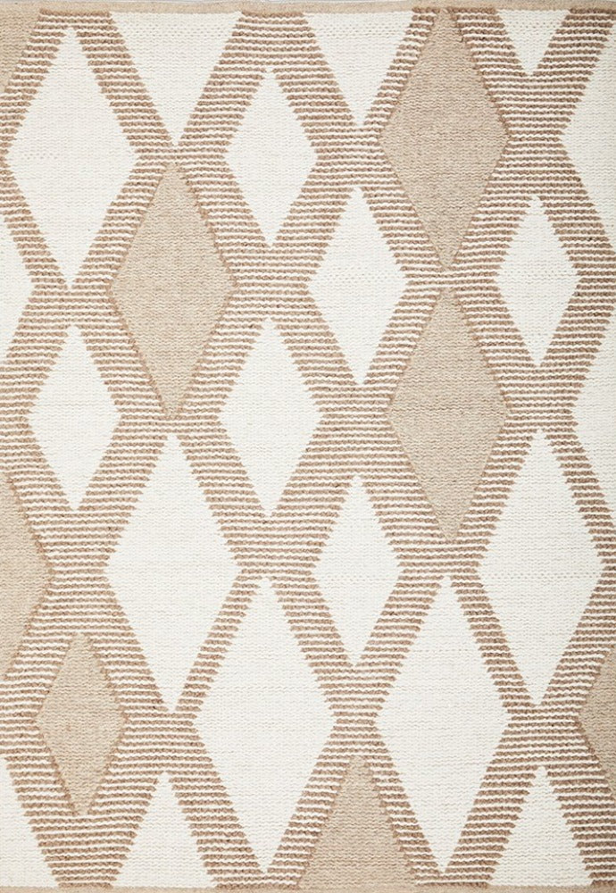 A woven rug with a geometric diamond pattern in off-white and natural tones.