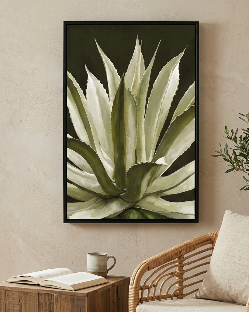 A framed botanical art print of an agave plant in shades of green and cream, displayed on a textured beige wall above a wooden side table and rattan armchair.