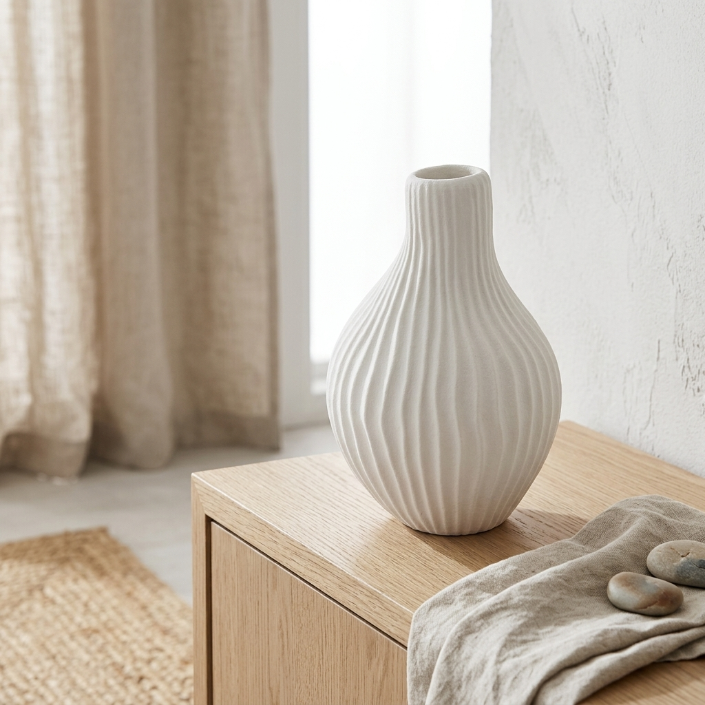 A ribbed ceramic vase in a warm off-white color, displayed on a light wood side table in a softly lit room with neutral-toned curtains and a textured wall.