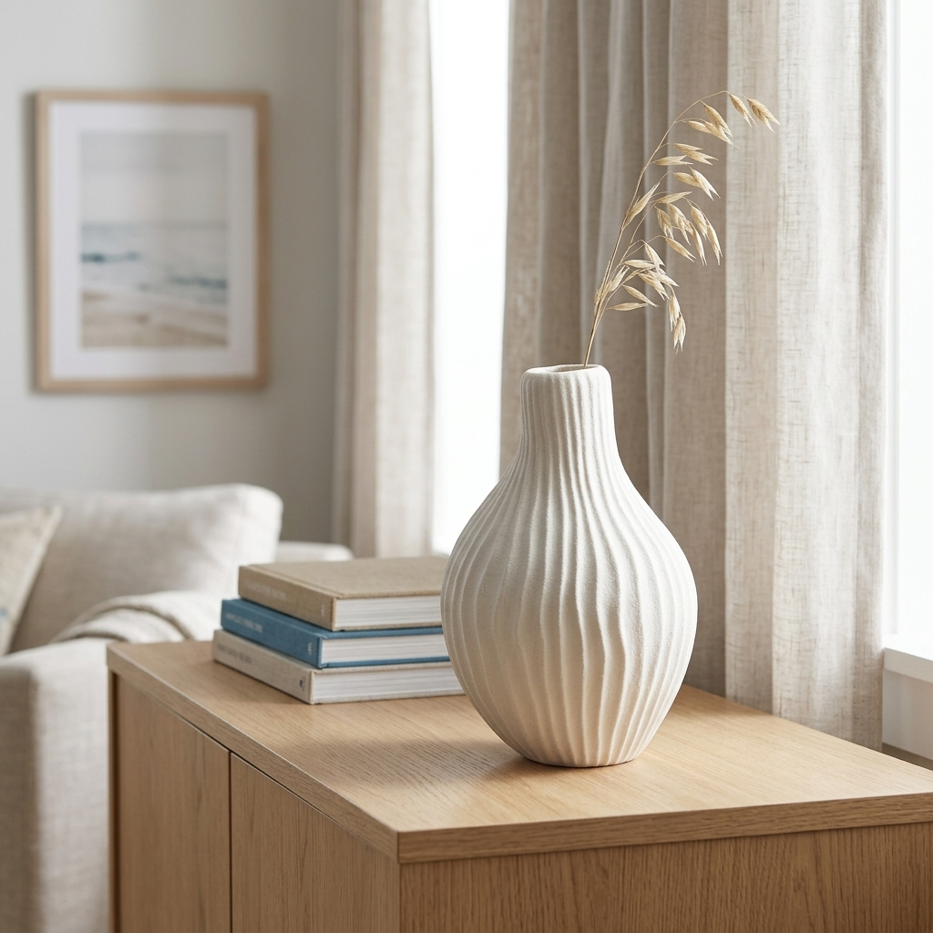 A ribbed ceramic vase in an off-white color, holding a dried decorative grass stem, styled on a light wood sideboard in a bright, modern living room.