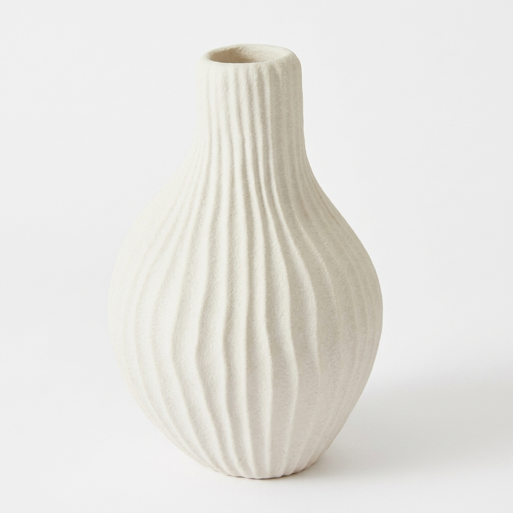 A small off-white ceramic vase with a textured, vertically ribbed surface and a flared neck, shown on a clean white background.