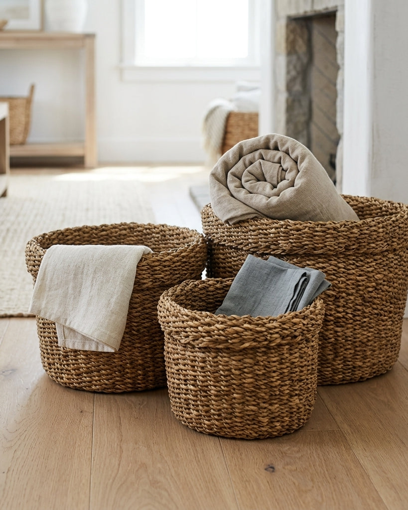 Three round woven seagrass laundry baskets in different sizes arranged on a light wood floor in a bright, modern room. The baskets are styled with neutral-toned linen textiles.