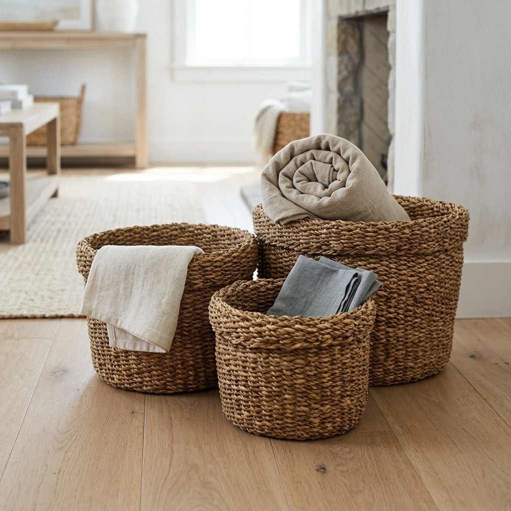 Three round woven seagrass laundry baskets in different sizes arranged on a light wood floor in a bright, modern room. The baskets are styled with neutral-toned linen textiles.