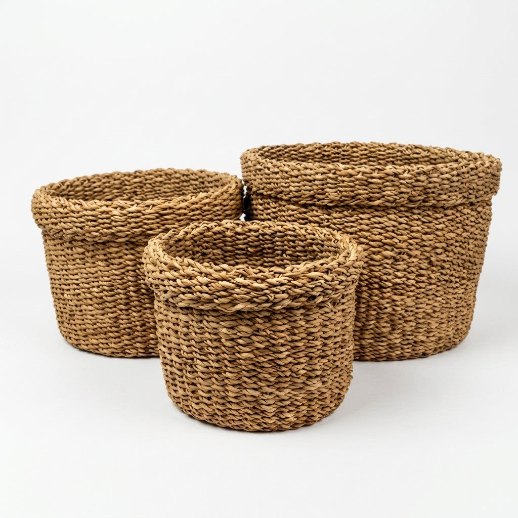Three round woven seagrass baskets in different sizes, arranged on a clean white background.