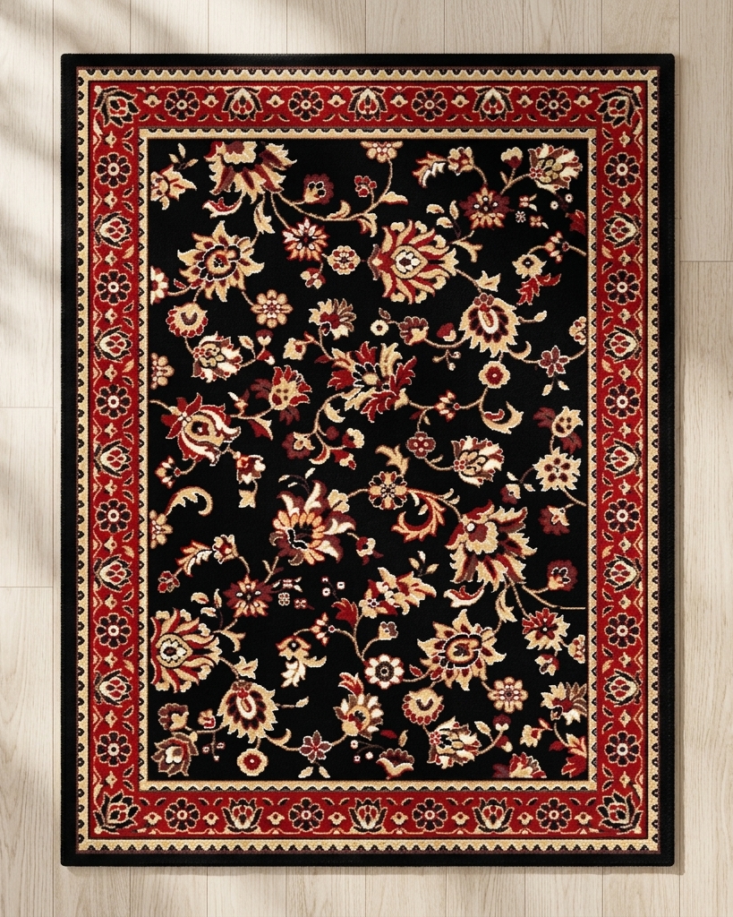 A rectangular area rug with a black field, featuring an intricate floral pattern in red, beige, and cream, surrounded by a detailed red and beige border, shown flat on a light wood plank floor.