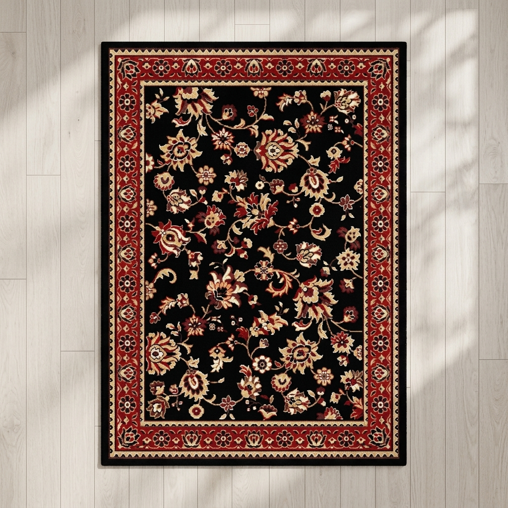 A rectangular black area rug with an intricate traditional floral pattern in red, beige, and cream, displayed flat on a light wood plank floor with soft shadow overlays.
