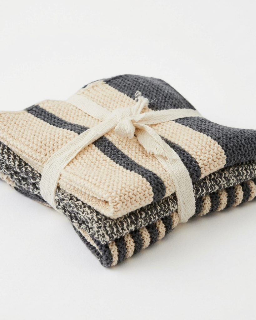 Three folded woven throw blankets with cream and dark gray stripes, tied together with a cream ribbon, on a white background.