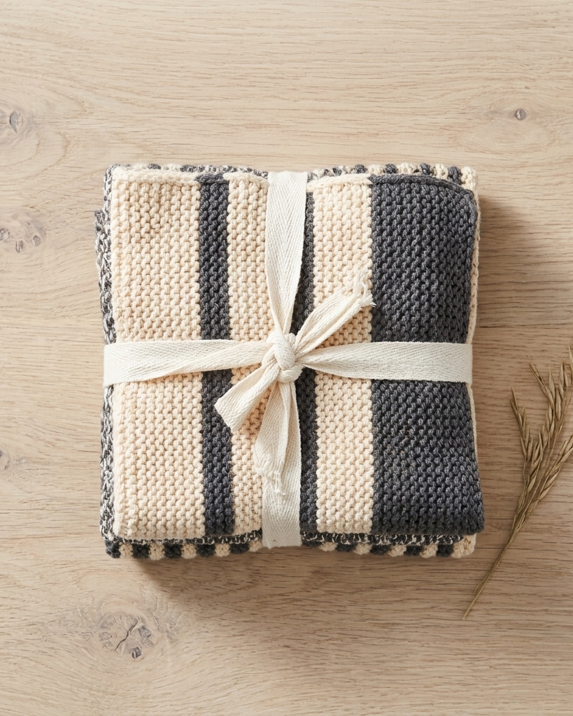 A folded knit blanket with vertical stripes in cream and dark charcoal gray, tied with a cream ribbon and bow on a light wood surface.