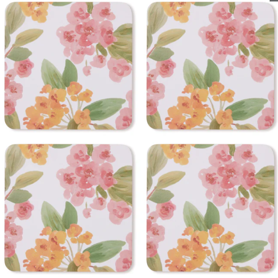 Set of four floral coasters with pink and orange flowers on a white background