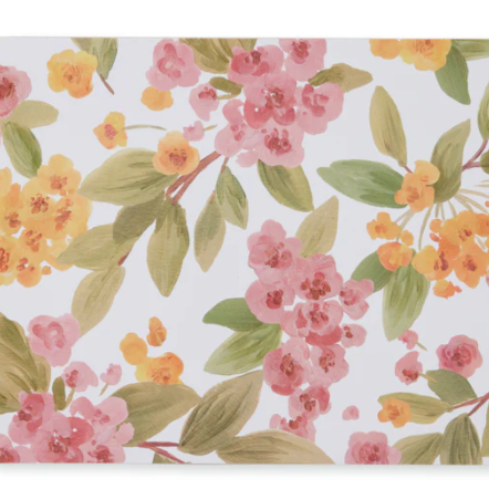 Floral patterned mat with pink and yellow flowers on a white background