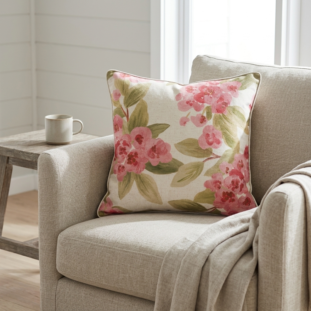 A square throw pillow with a pink floral and green leaf pattern on a cream background, styled on a beige armchair next to a small wooden side table with a mug.