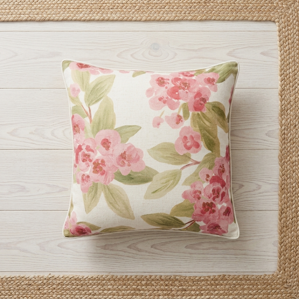 A square decorative throw pillow with a pink floral and green leaf pattern on a cream background, styled on a light wood plank surface with a woven jute border.