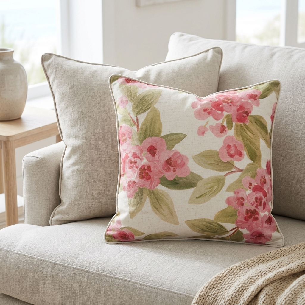 A square decorative throw pillow with a pink floral print on a cream background, styled on a light beige sofa next to a matching neutral pillow.