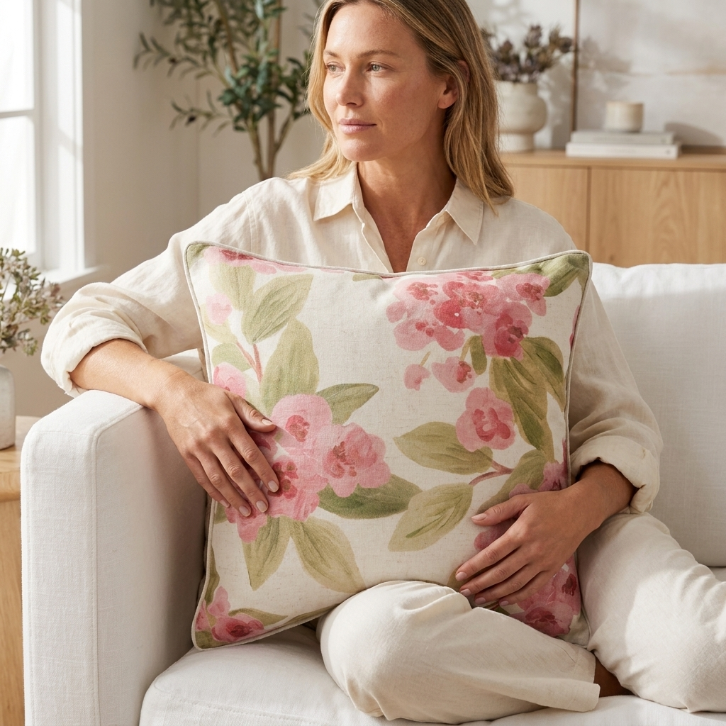 A woman sits on a white sofa holding a square throw pillow with a pink floral print on a cream background. The scene is set in a bright, modern living room with natural light.