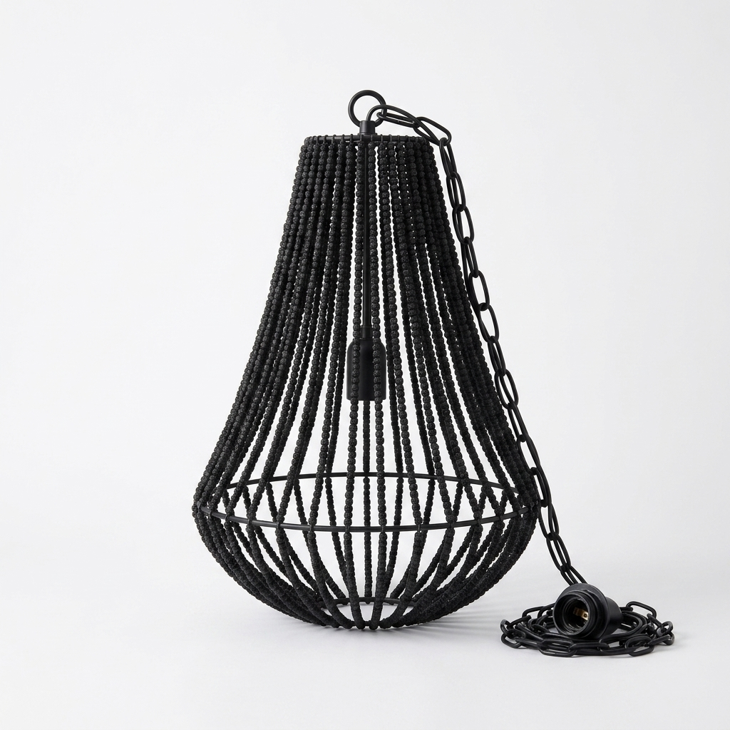 A black metal hanging pendant light with a textured beaded cone shade, hanging chain, and socket with cord, photographed on a clean white studio background.