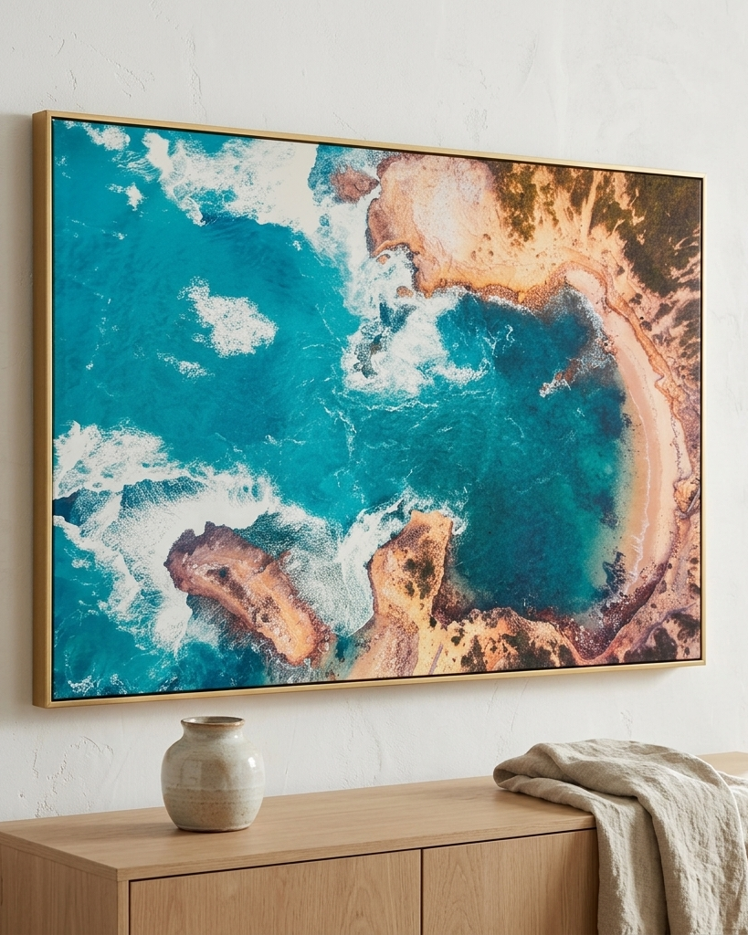 A large framed abstract coastal artwork hangs on a white wall above a light wood console table. The print shows vivid turquoise water, white surf, and warm tan/beige shoreline tones, surrounded by a thin gold-toned frame.