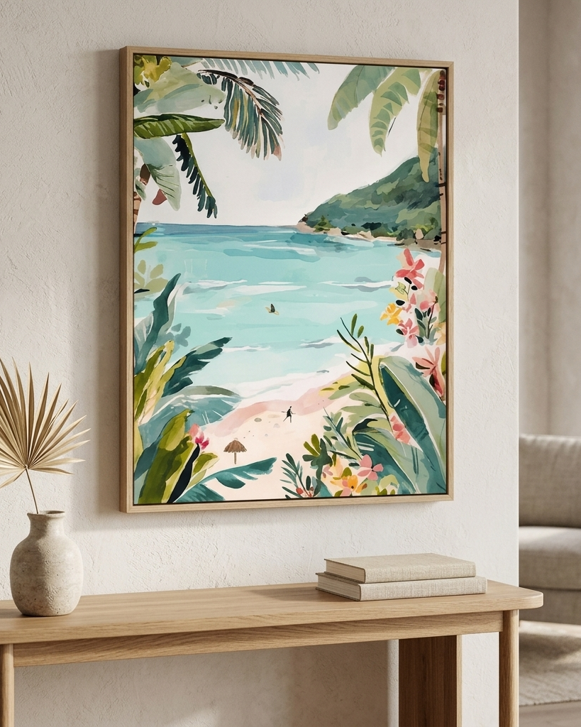 A framed tropical beach art print hangs on a light beige wall above a wooden console table. The artwork features lush green palm leaves, a sandy beach, turquoise ocean water, and colorful tropical flowers.