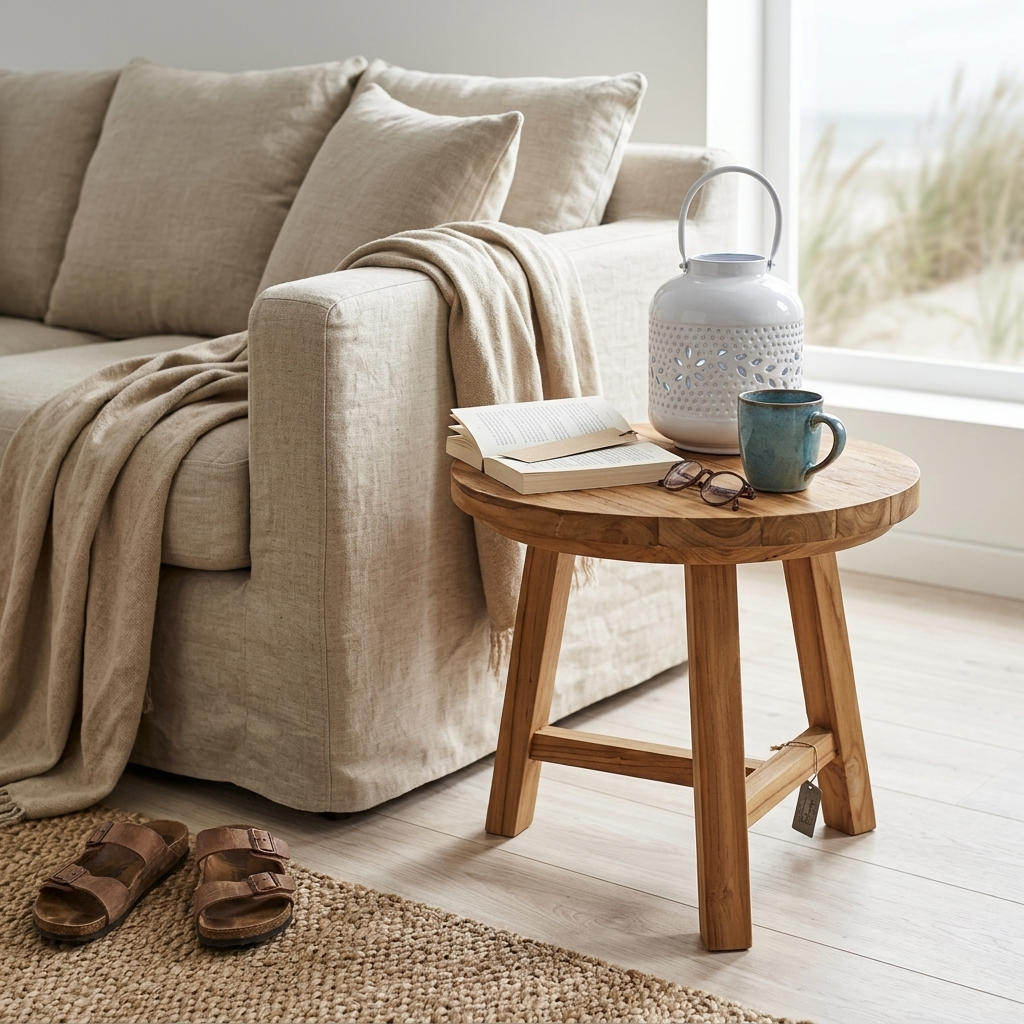 A round wooden side table in a bright, modern living room setting next to a beige sofa. The table is styled with a white lantern, a blue mug, an open book, and a pair of eyeglasses.