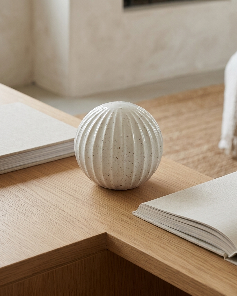 A ribbed, spherical ceramic vase in a warm off-white speckled finish sits on a light oak wooden table in a cozy, modern room setting with books and a textured rug.