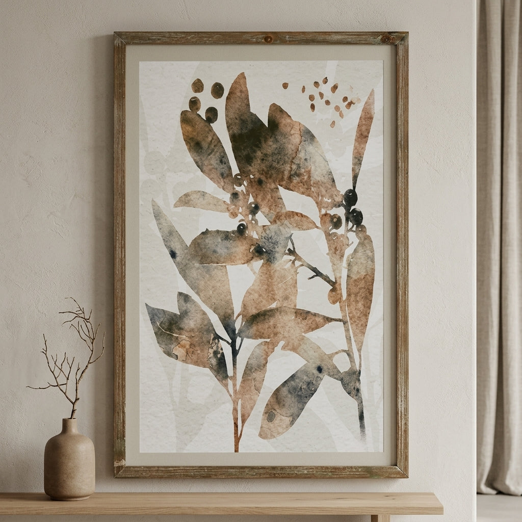 A framed botanical art print featuring abstract watercolor leaves and berries in earthy brown, beige, and gray tones, displayed on a light wood console table next to a small vase with dried branches.