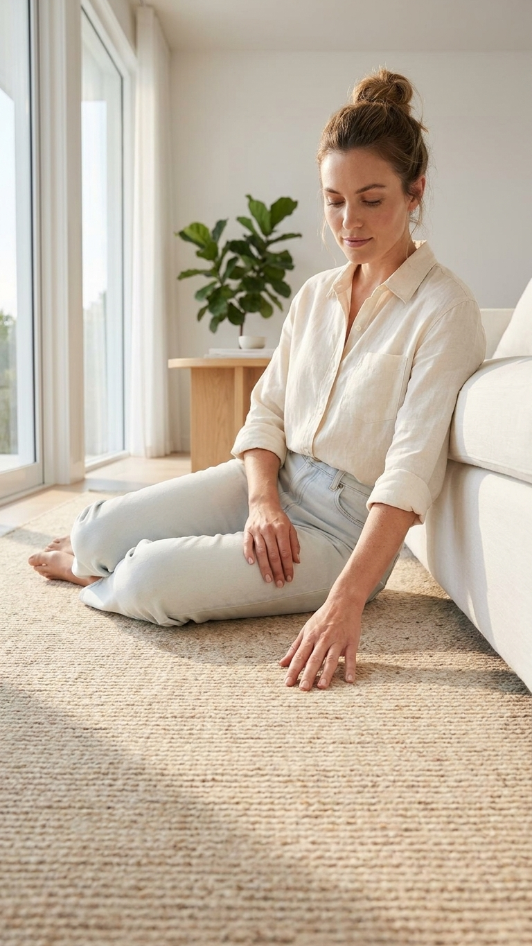 Woman sitting on a carpeted floor in a bright room with large windows.