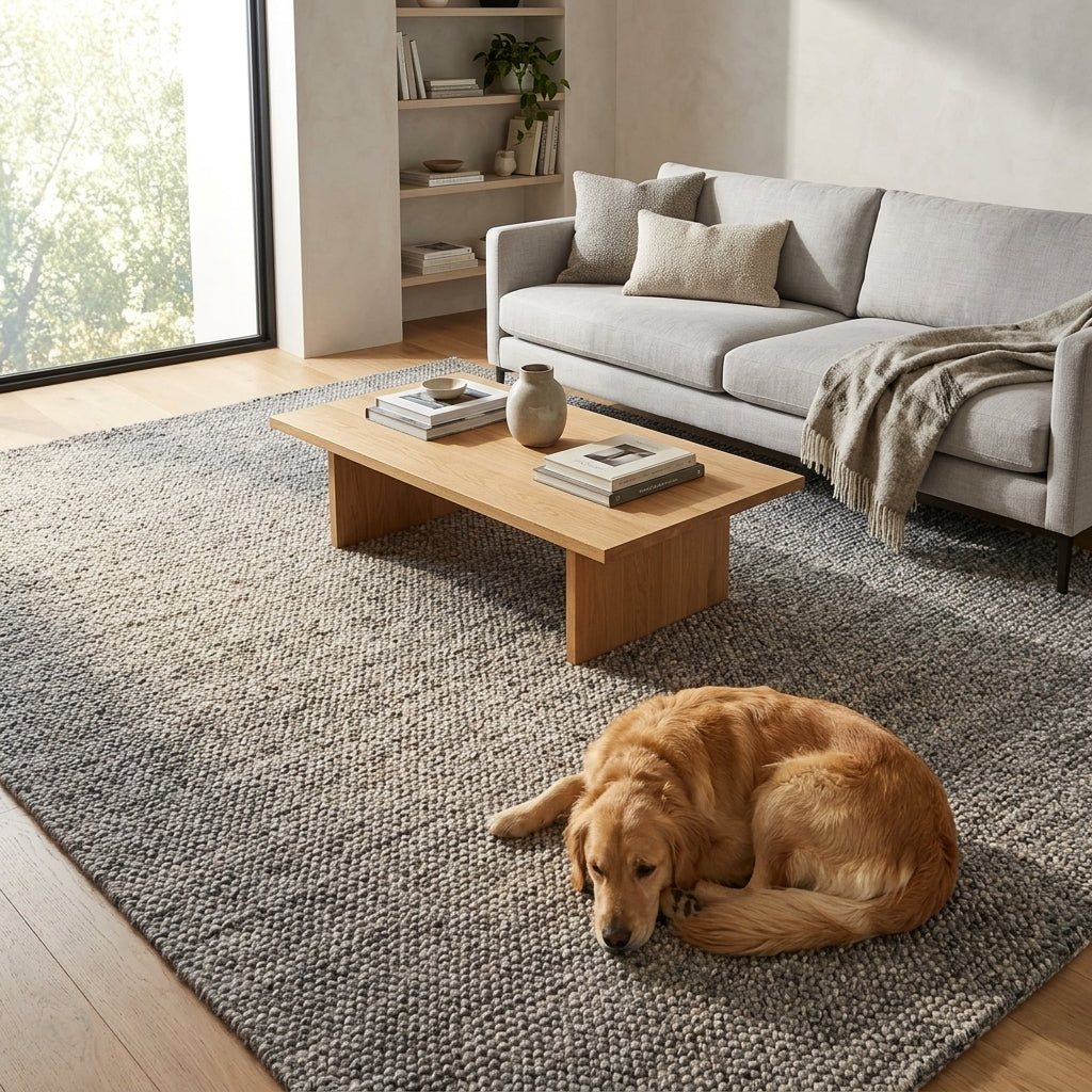 Dog lying on a rug in a modern living room with a coffee table and sofa.