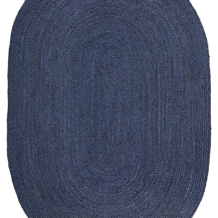 Blue oval braided rug on a white background