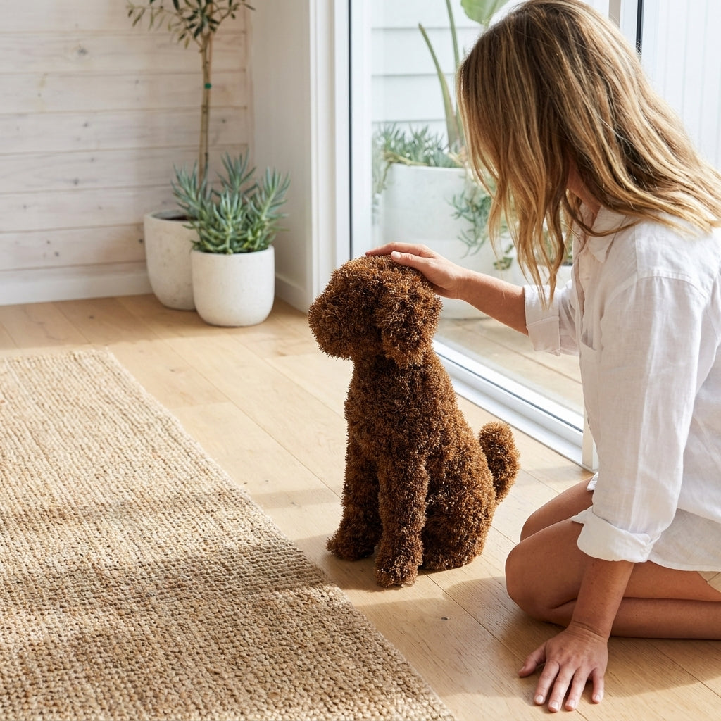Woman petting a brown dog on a wooden floor with plants in the background