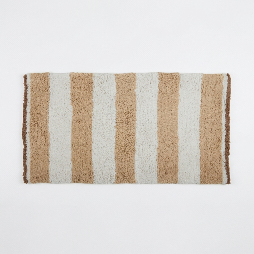 A rectangular shag rug with vertical stripes in warm tan, cream, and light brown, shown flat against a plain white background.