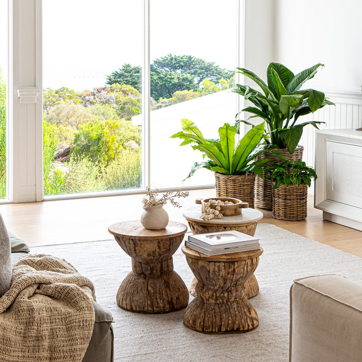 Living room with wooden tables, plants, and a large window view.