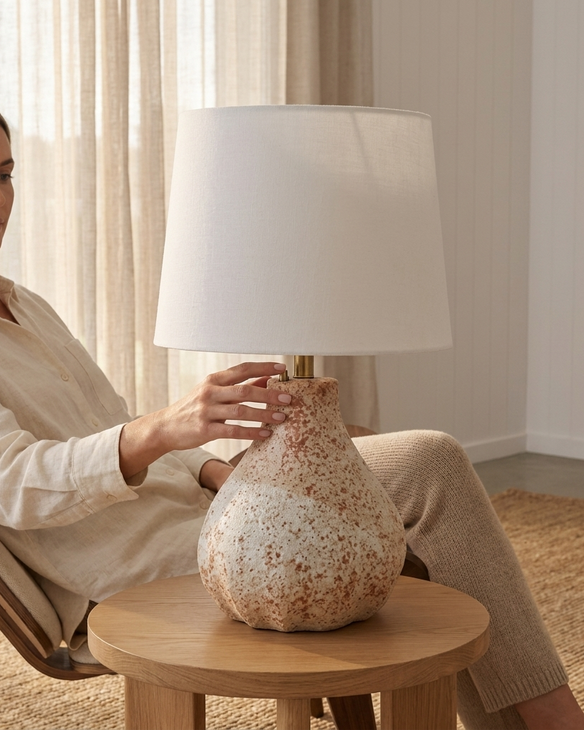 A woman sits in a wooden chair beside a round wooden side table holding a table lamp with a large white drum shade and a speckled ceramic base in warm beige and terracotta tones.