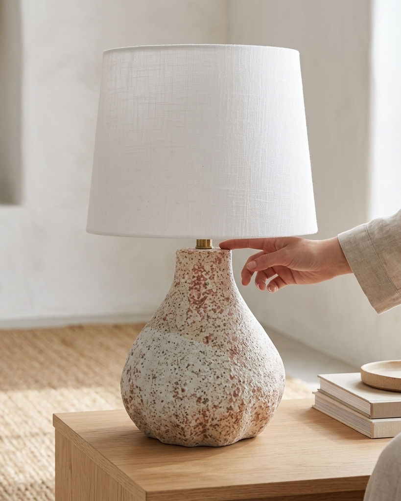 A table lamp with a textured, speckled ceramic base and a white linen drum shade, shown on a wooden table in a bright room with a person's hand reaching toward the lamp.