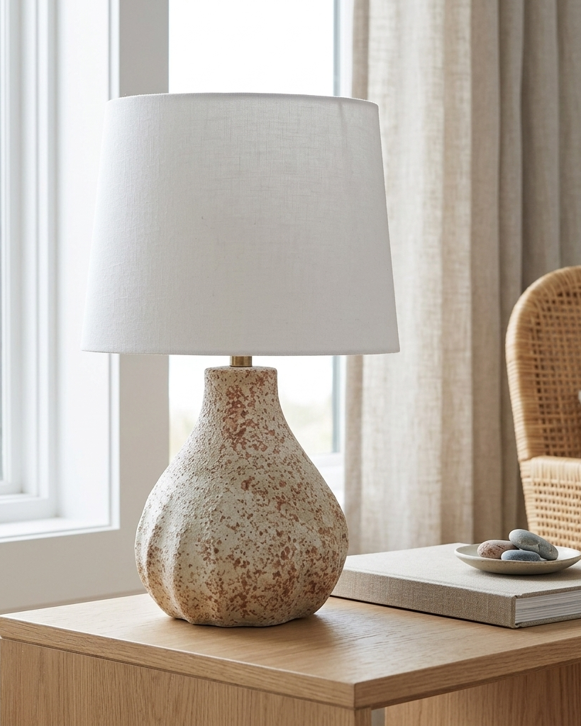 A table lamp with a textured, speckled beige ceramic base and a white fabric drum shade, styled on a light wood side table in a bright room next to a window.