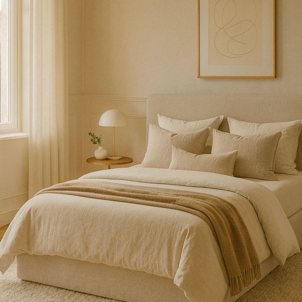 Neatly made bed in a bedroom with beige walls and decor.
