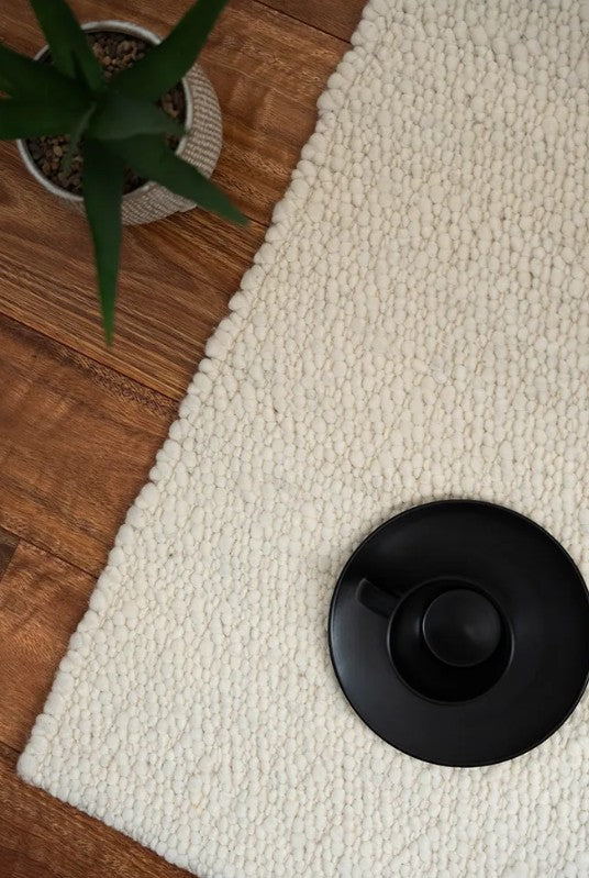 Black circular object on a beige rug next to a wooden floor.