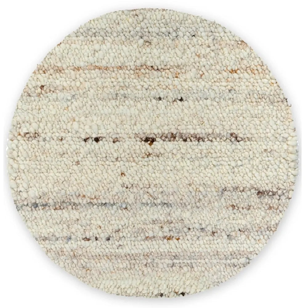 Round woven rug with striped pattern on a white background