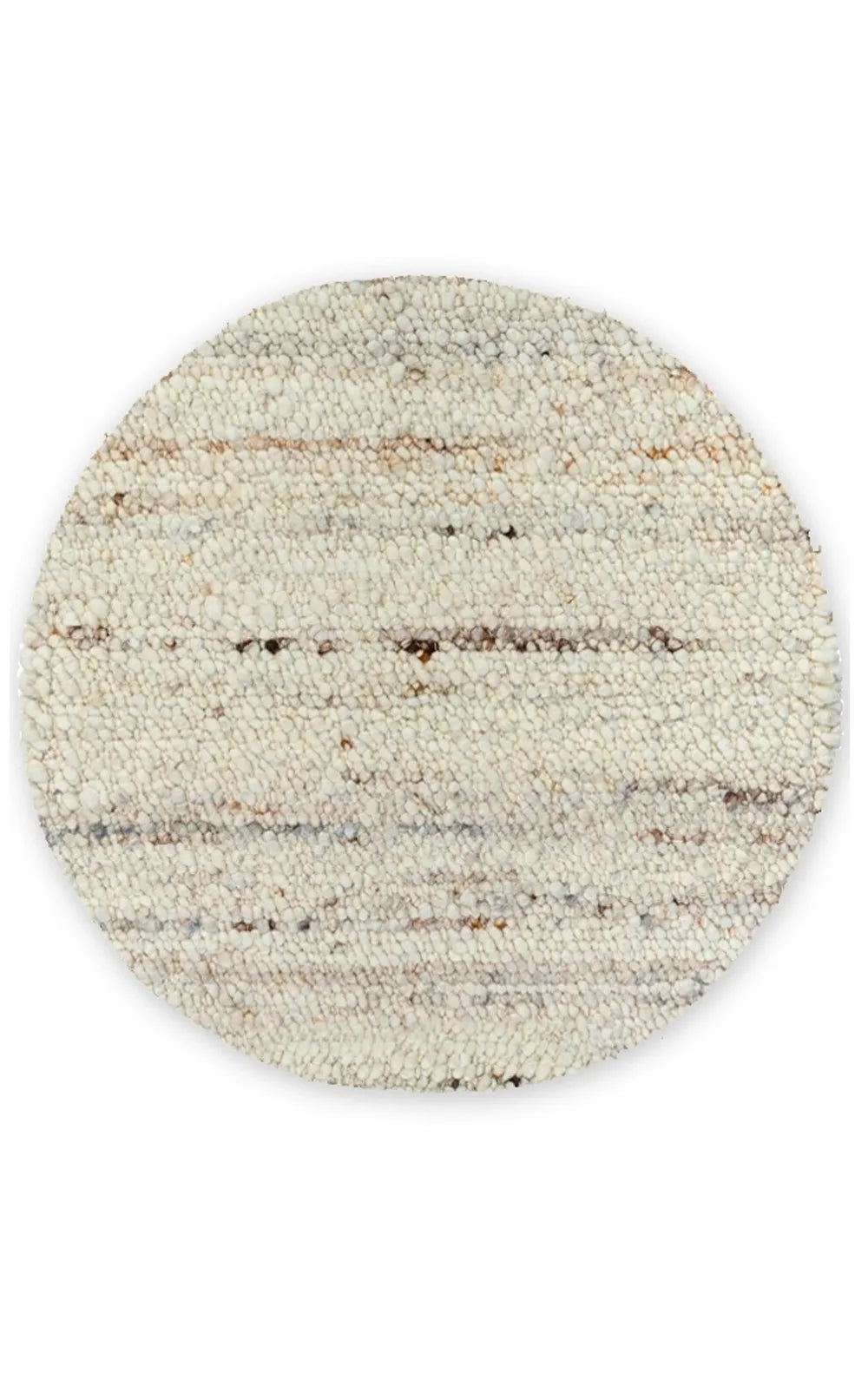 Round woven rug with striped pattern on a white background