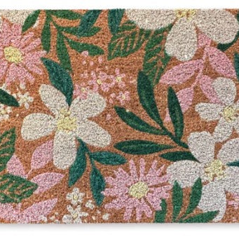 Floral patterned doormat with flowers and leaves on a brown background
