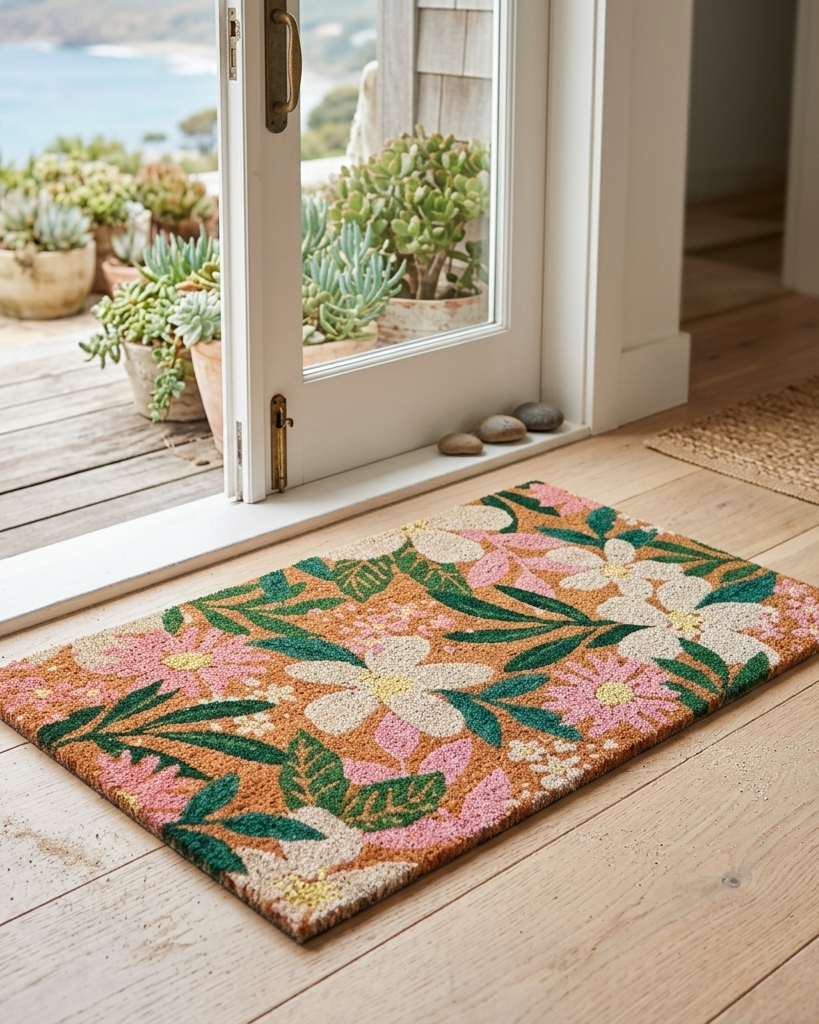 A rectangular coir doormat with a colorful floral pattern in pink, green, cream, and orange, placed on a light wood floor in front of an open white door leading to a deck and ocean view.