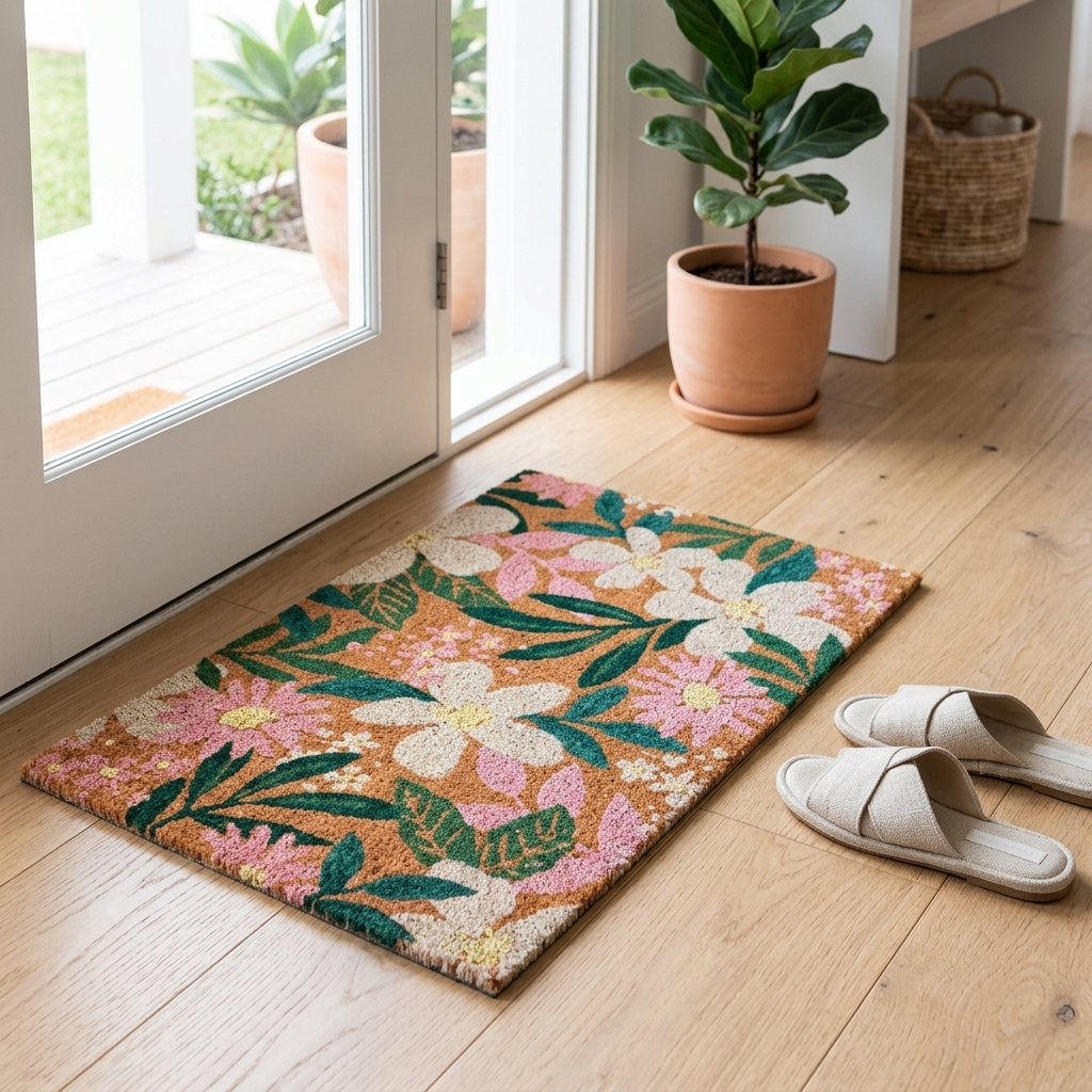 A rectangular coir doormat with a colorful tropical floral pattern lies on a light wood floor in a bright entryway. A potted plant, woven basket, and a pair of off-white slide sandals are nearby.