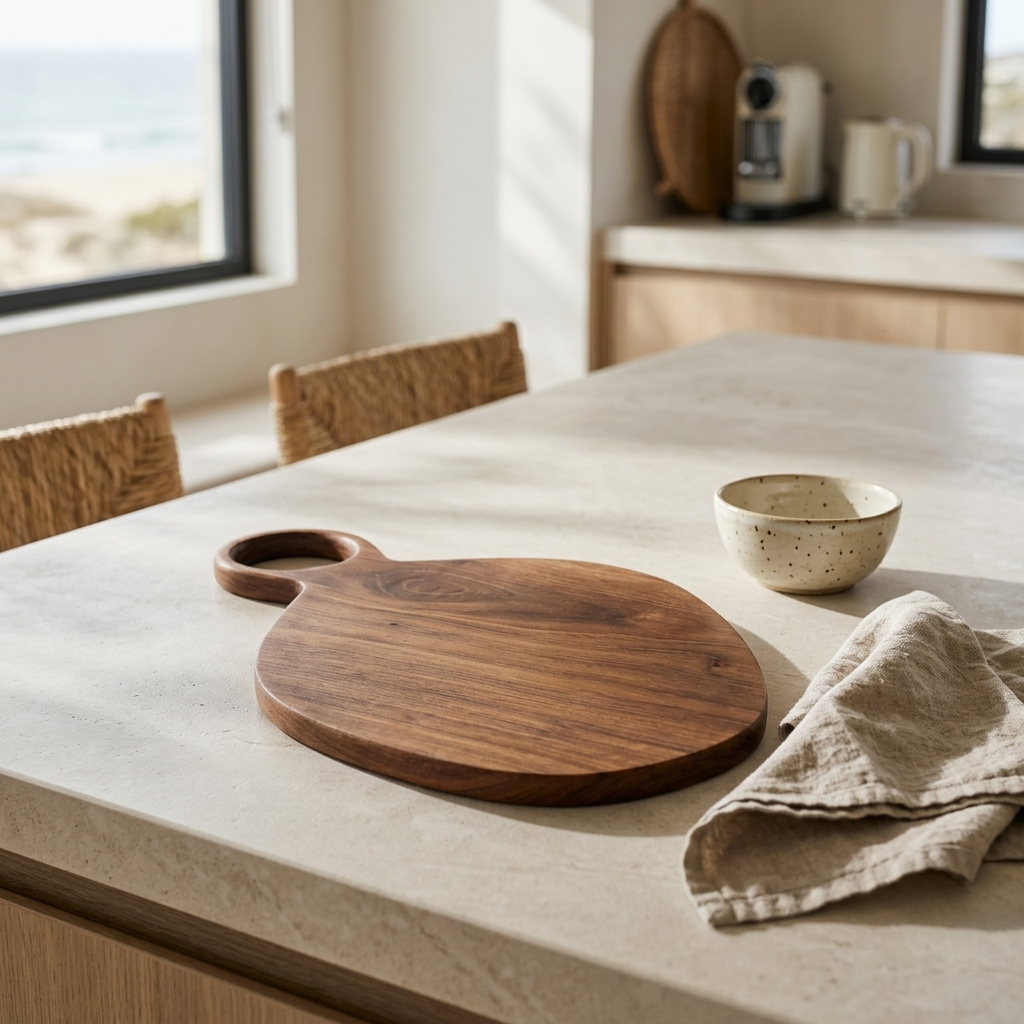 A round wooden serving board with a loop handle sits on a light stone kitchen island, alongside a speckled bowl and a beige linen napkin. The scene is set in a bright, modern kitchen with natural light coming from a window.