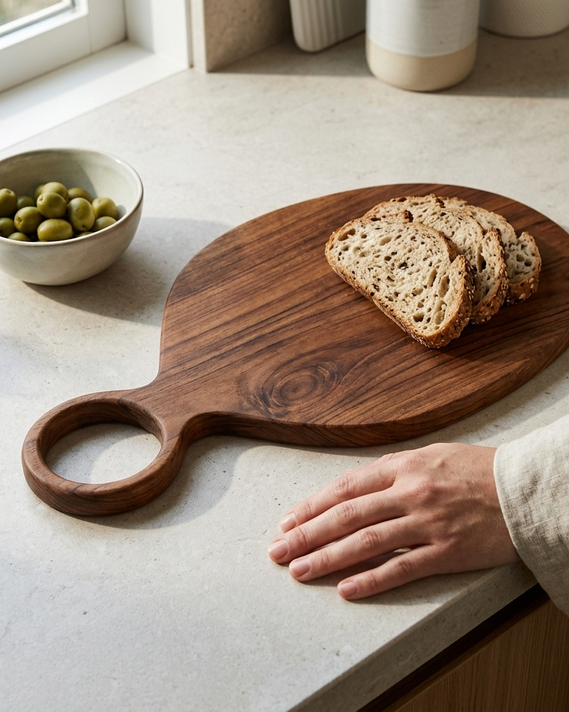 A dark brown wooden serving board with a loop handle sits on a light stone countertop. Slices of whole wheat bread rest on the board, and a hand in a beige linen sleeve rests beside it.