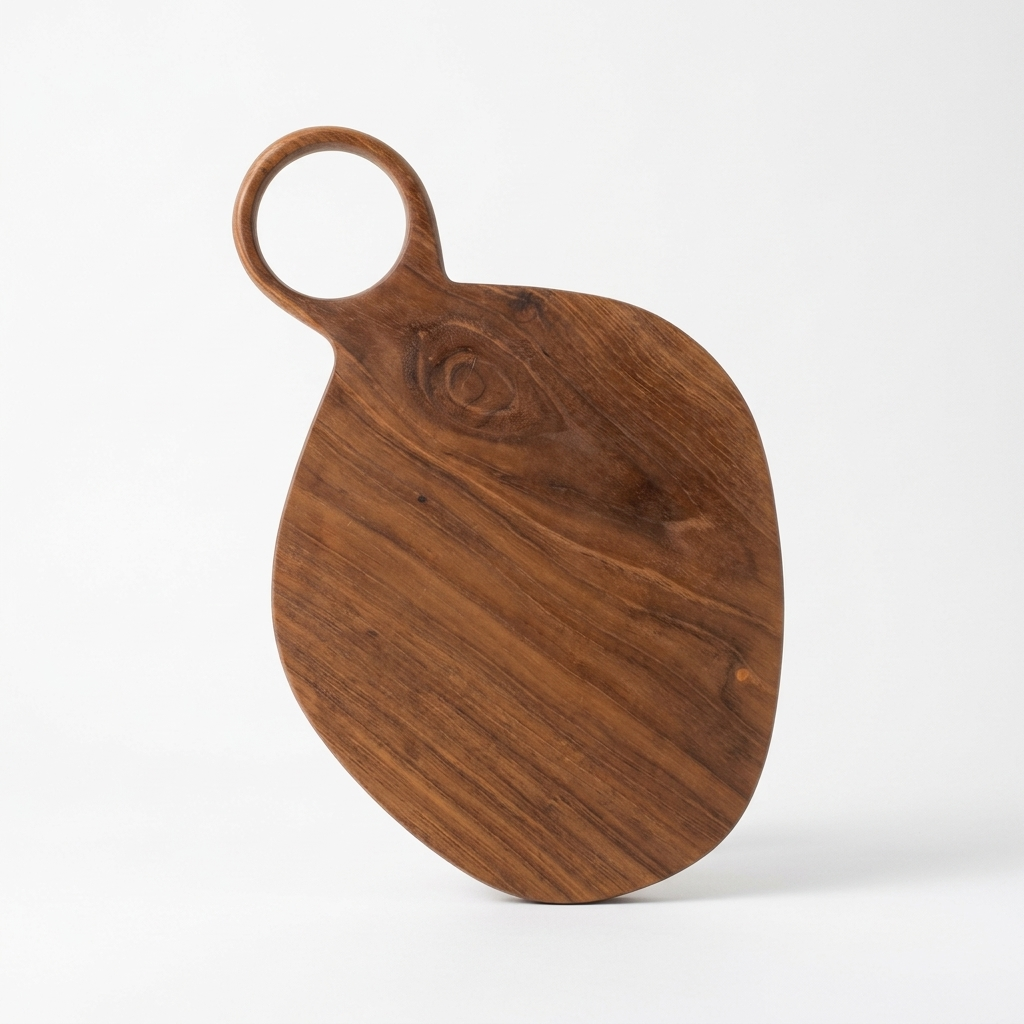 A teardrop-shaped wooden cutting board with a loop handle, made from medium brown wood with visible grain patterns, photographed on a clean white background.