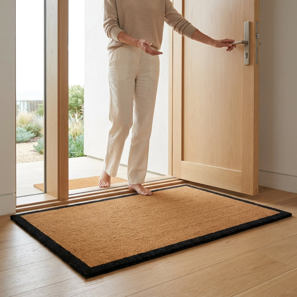 Person stepping onto a doormat at the entrance of a home