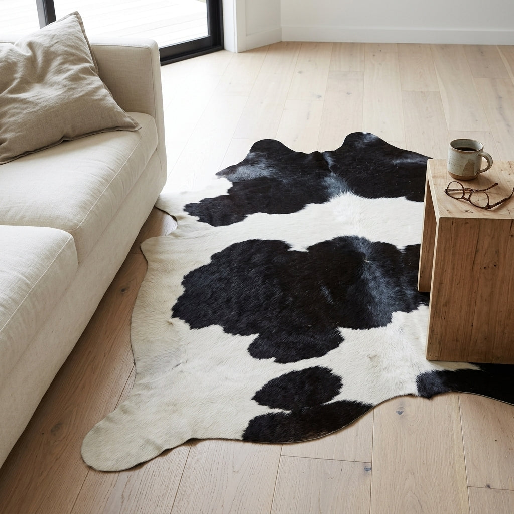 Black and white cowhide rug on a wooden floor in a living room setting.