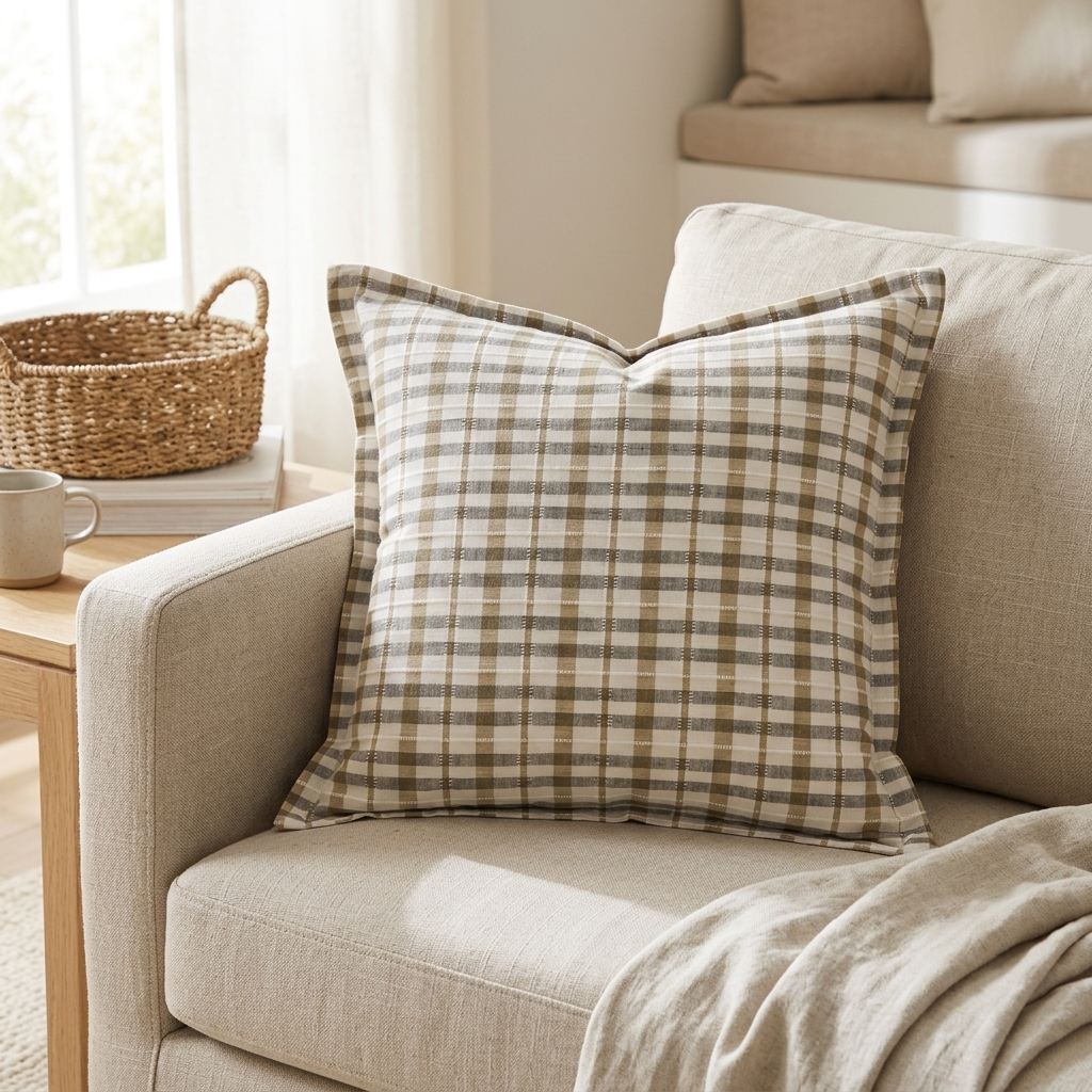 A square throw pillow with a brown and beige plaid pattern, styled on a light beige fabric sofa in a bright, modern living room setting.