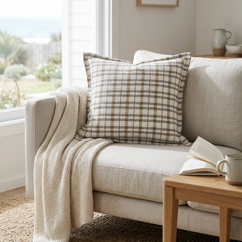 A beige and brown plaid throw pillow displayed on a light gray sofa in a bright, modern living room setting with a cream knit blanket, a wooden side table, and an open book.