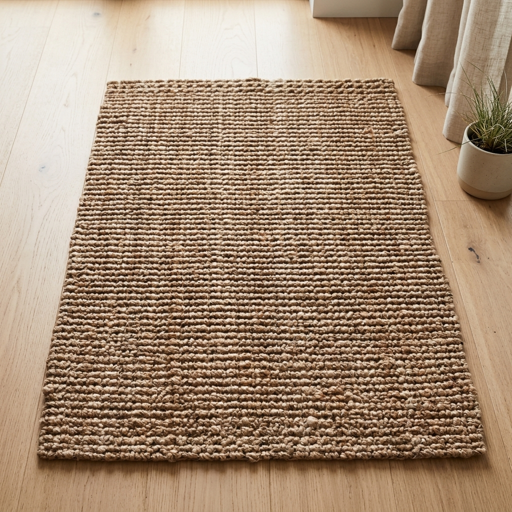 A rectangular natural jute rug with a textured, ribbed woven pattern, shown on a light-colored wooden floor next to a curtain and a small potted plant.