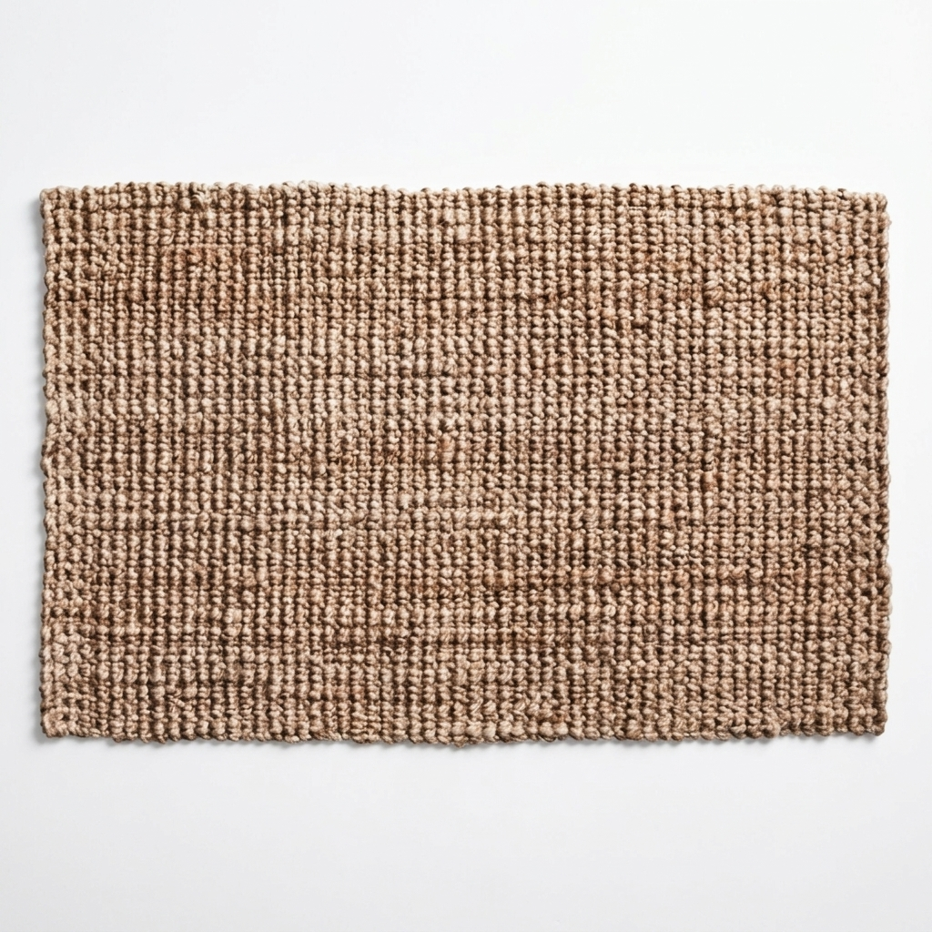 A rectangular woven rug with a textured, braided pattern in shades of brown and beige, shown flat against a light gray background.